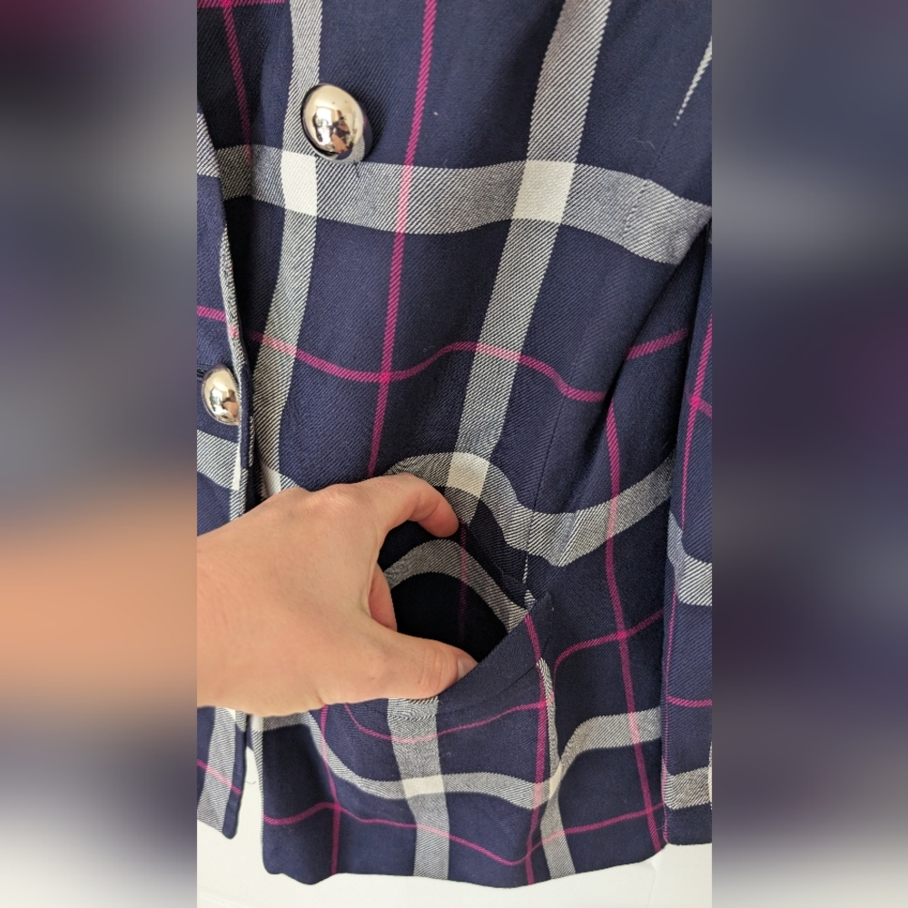 VTG Navy & Pink Plaid Double Breasted‎ Blazer - Picture 5 of 13